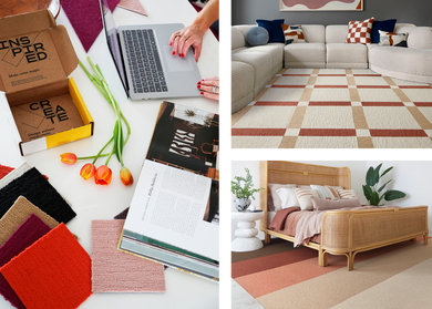 Collage of three photos: 1. table top view of designer at desk using computer with FLOR Made You Look carpet tile swatches in red and pink hues, with flowers, and books; 2. living room of FLOR Signature Rug Boxed In shown in Bone; 3. bedroom with FLOR Made You Look custom rug in Bark, Mahogany, Spice, Tawny, Eggnog, Pearl.